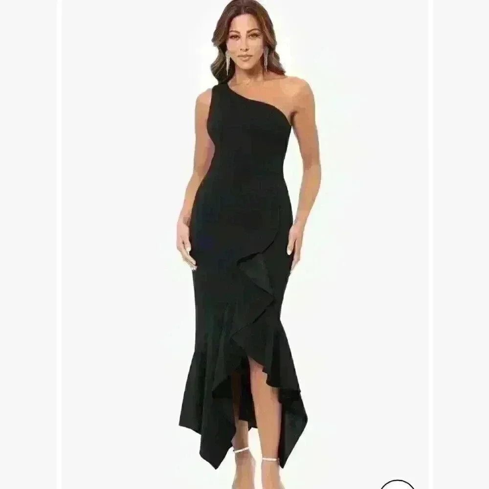 Xscape One-Shoulder Black Ruffle Hem Dress